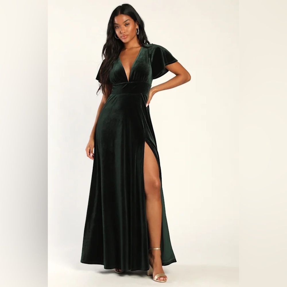 Lulus Stunning Days Emerald Velvet Flutter Sleeve Maxi Dress | XS NWT